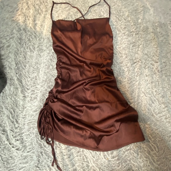 shein brown satin dress SHEIN BAE Plus Size Women's Sleeveless V-Neck Backless Maxi Satin Dress, Brown, Autumn, Elegant, Wedding Guest, Party Dresses, Valentine's Day, Y2k, Vintage, Curve